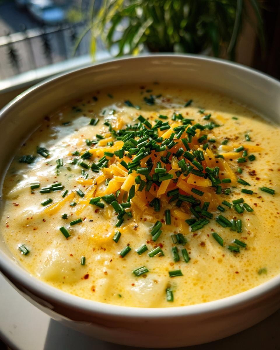 Close-up of a bowl of Loaded Baked Potato Soup, topped with cheese and chives.