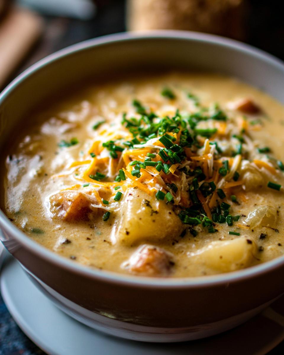 Close-up of a bowl of Loaded Baked Potato Soup, topped with cheese and chives.