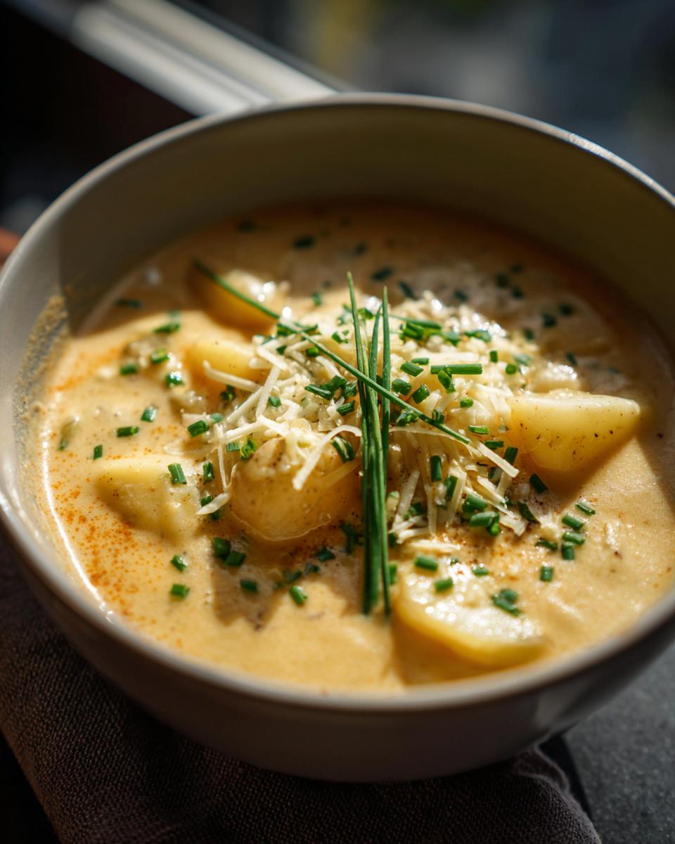 Close-up of a bowl of Loaded Baked Potato Soup, garnished with chives and cheese.