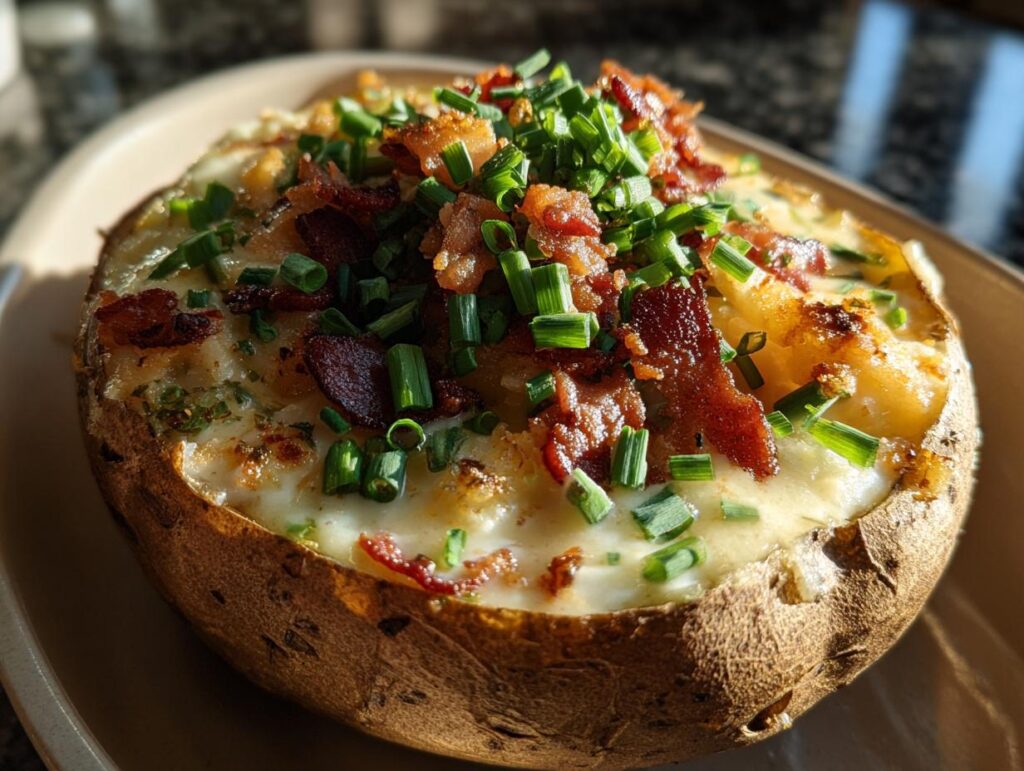 Close-up of a Loaded Baked Potato Soup, topped with bacon and chives.