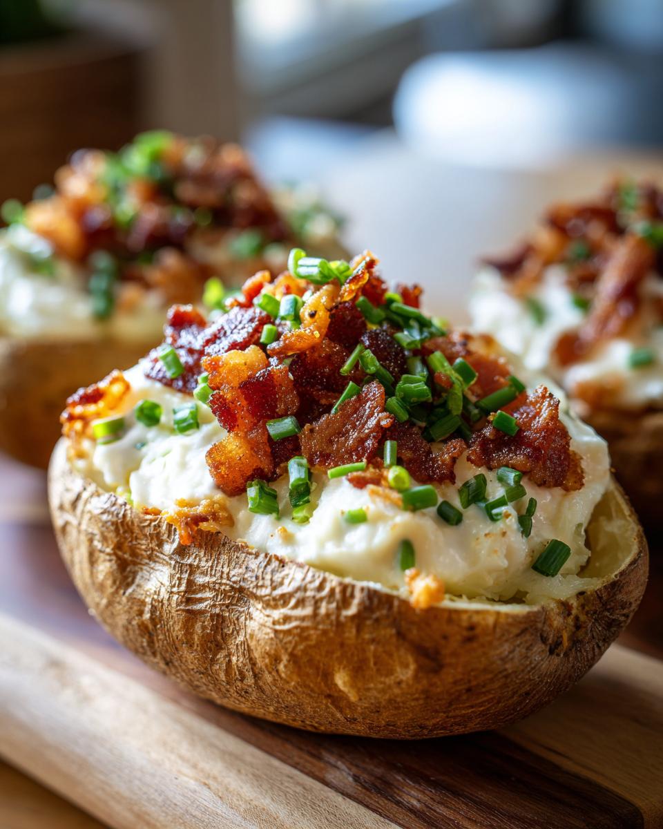 Close-up of loaded baked potatoes topped with sour cream, bacon, and chives, perfect for Loaded Baked Potato Soup.