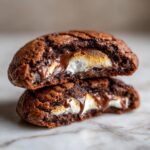 Close-up of two Marshmallow-Surprise Hot Cocoa Cookies stacked, revealing a gooey marshmallow and melted chocolate center.
