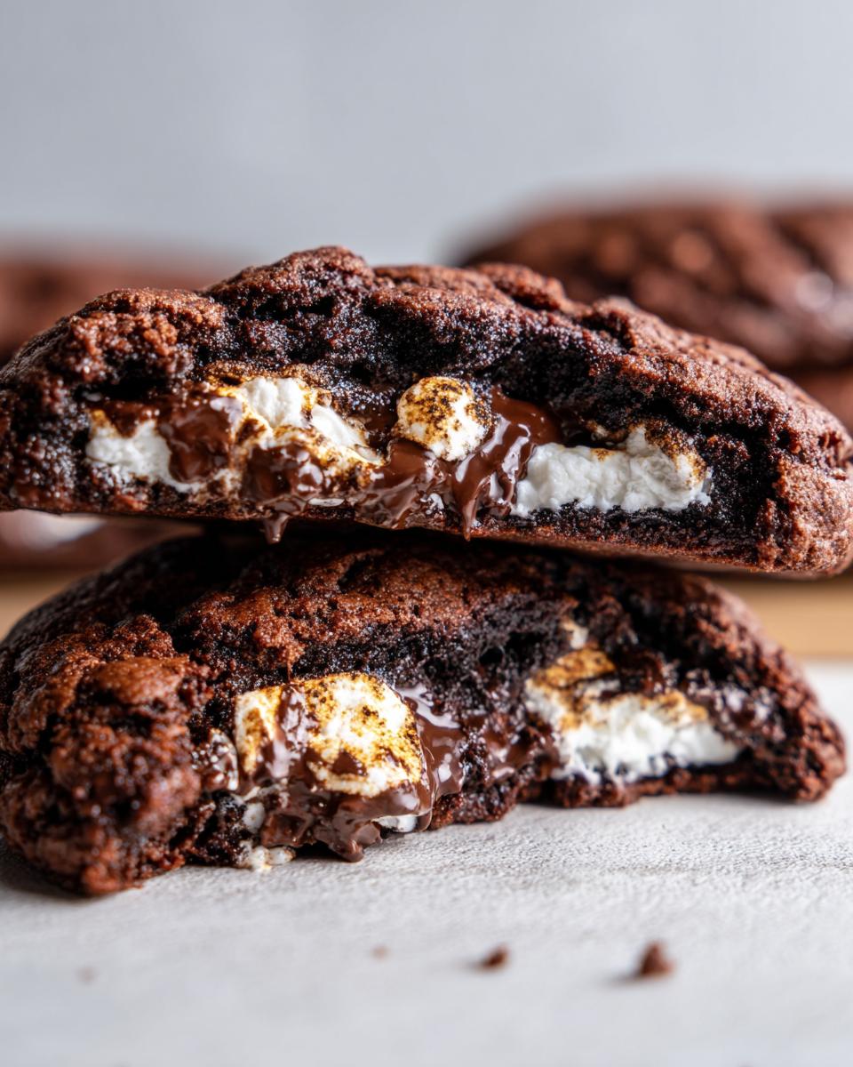 Close-up of two halves of a Marshmallow Hot Cocoa Cookie, revealing a gooey melted marshmallow and chocolate center.