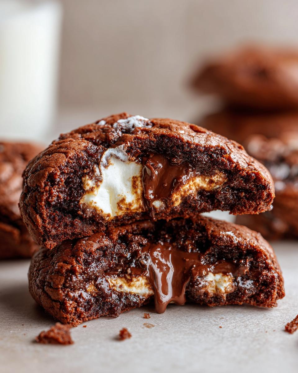 Close-up of two Marshmallow-Surprise Hot Cocoa Cookies stacked, showing gooey melted chocolate and marshmallow.