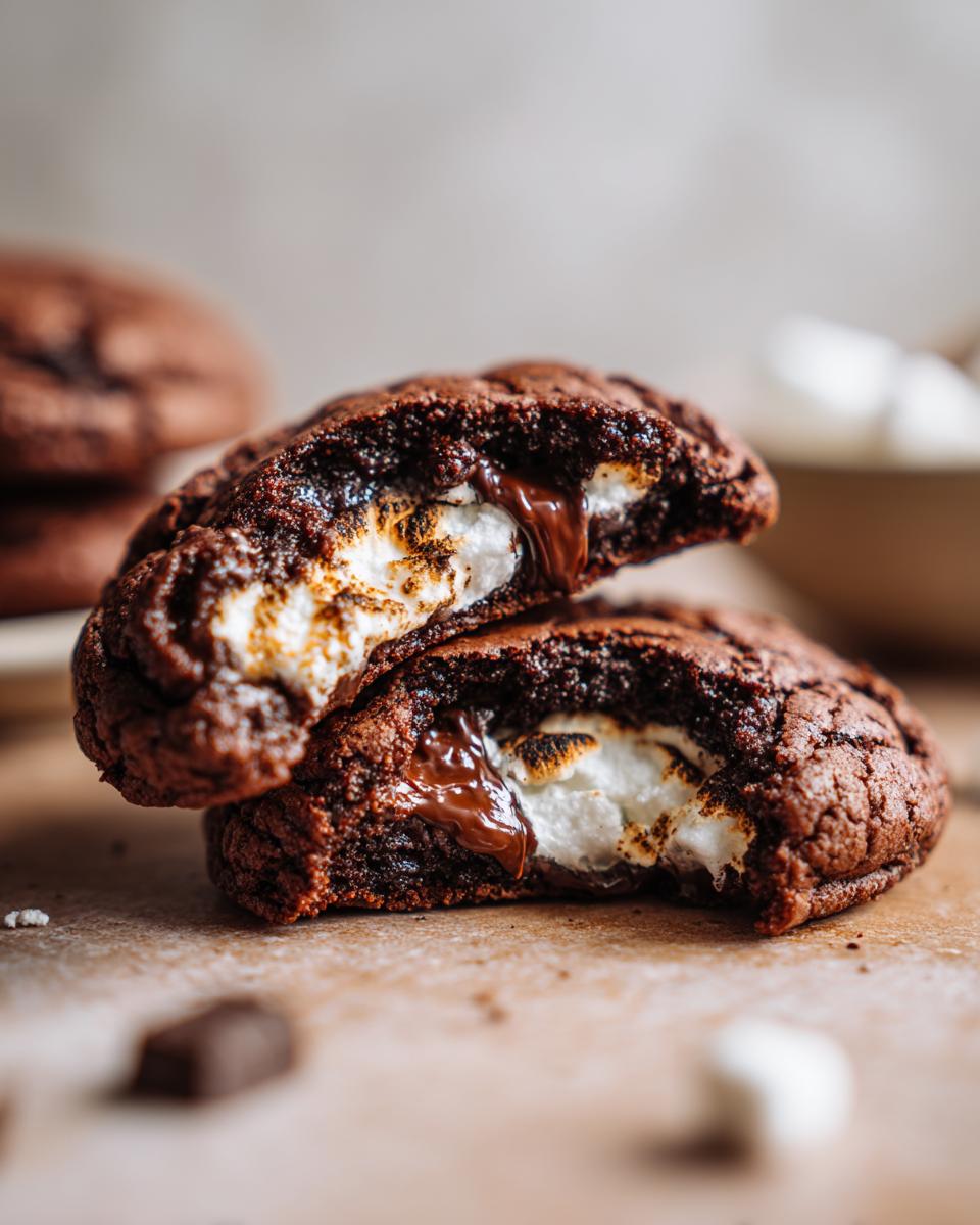 Close-up of a chocolate cookie broken in half, revealing a gooey marshmallow center and melted chocolate in Marshmallow-Surprise Hot Cocoa Cookies.