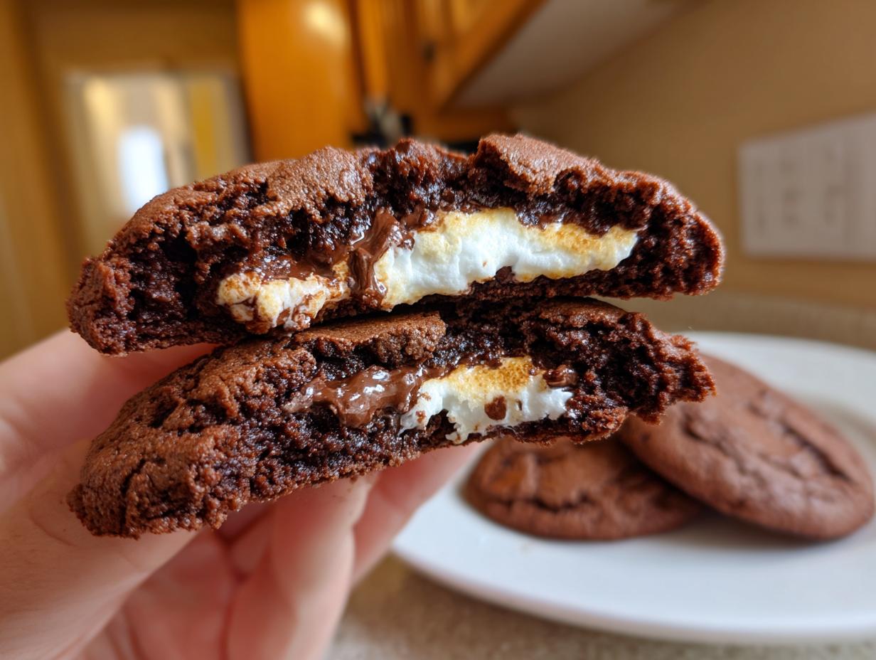 Close-up of a chocolate cookie broken in half, revealing a gooey marshmallow center and melted chocolate, perfect for Marshmallow-Surprise Hot Cocoa Cookies.