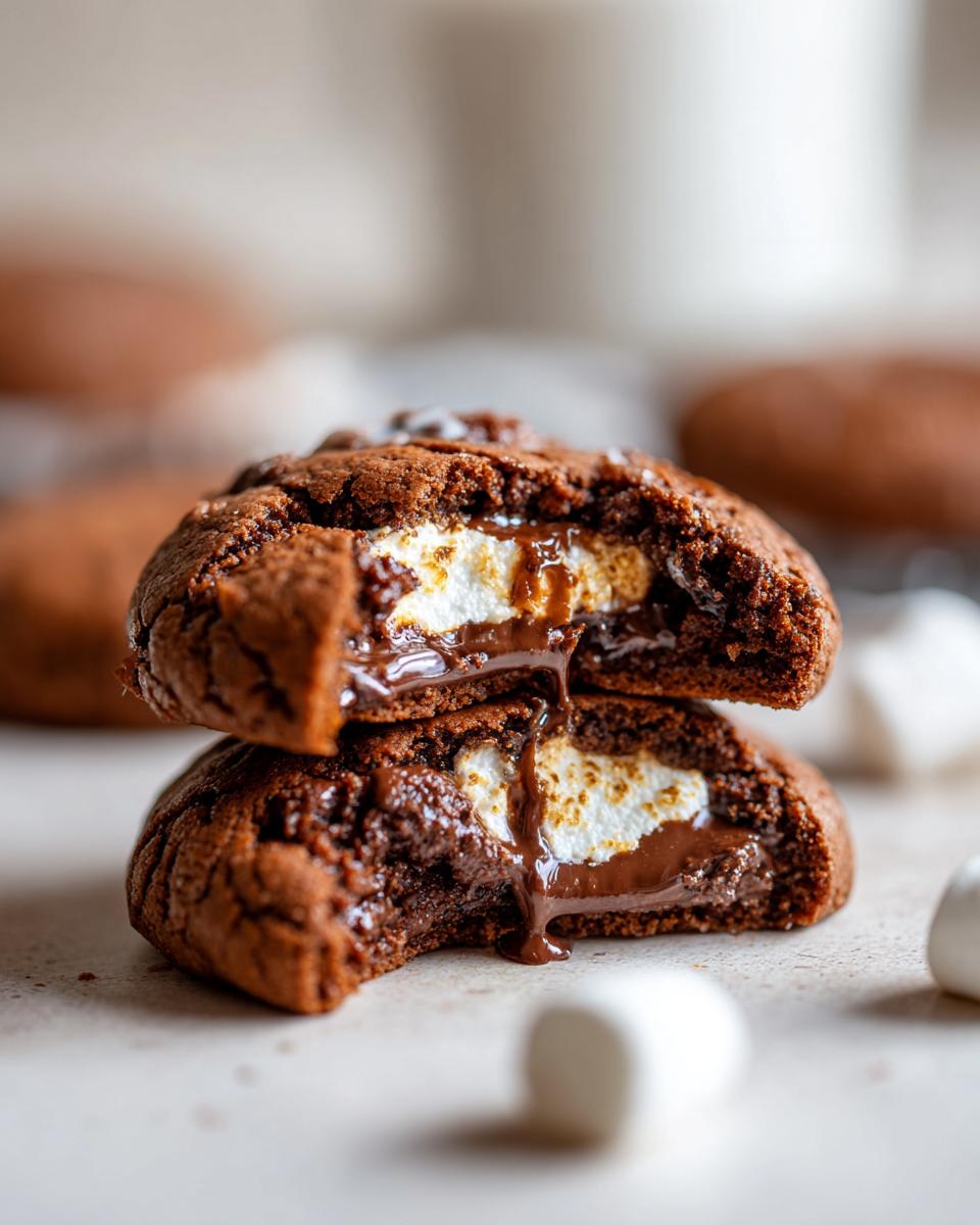 Close-up of two Marshmallow-Surprise Hot Cocoa Cookies stacked, showing gooey melted marshmallow and chocolate.
