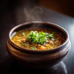 Close-up of a bowl of Mediterranean Lemon Lentil Soup, garnished with fresh herbs.