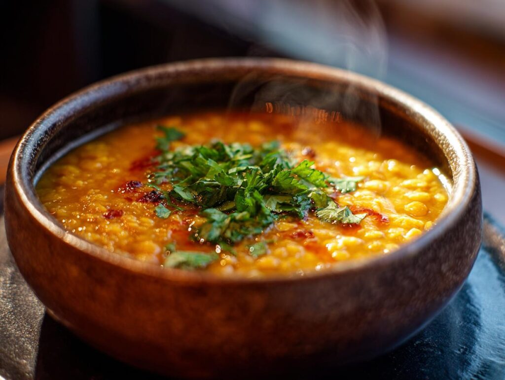 Close-up of a bowl of Mediterranean Lemon Lentil Soup, garnished with fresh herbs, steaming.