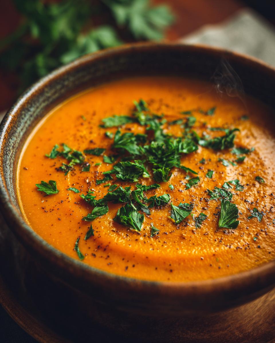 Close-up of a bowl of Mediterranean Lemon Lentil Soup, garnished with fresh herbs.