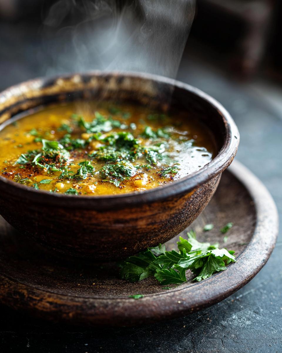 Close-up of a bowl of Mediterranean Lemon Lentil Soup, garnished with fresh herbs and spices.