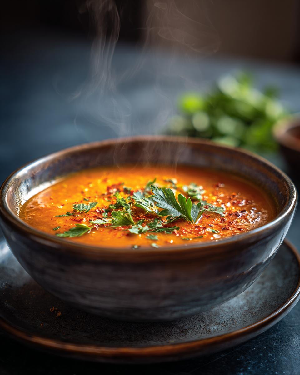 A steaming bowl of Mediterranean Lemon Lentil Soup garnished with fresh herbs and spices.