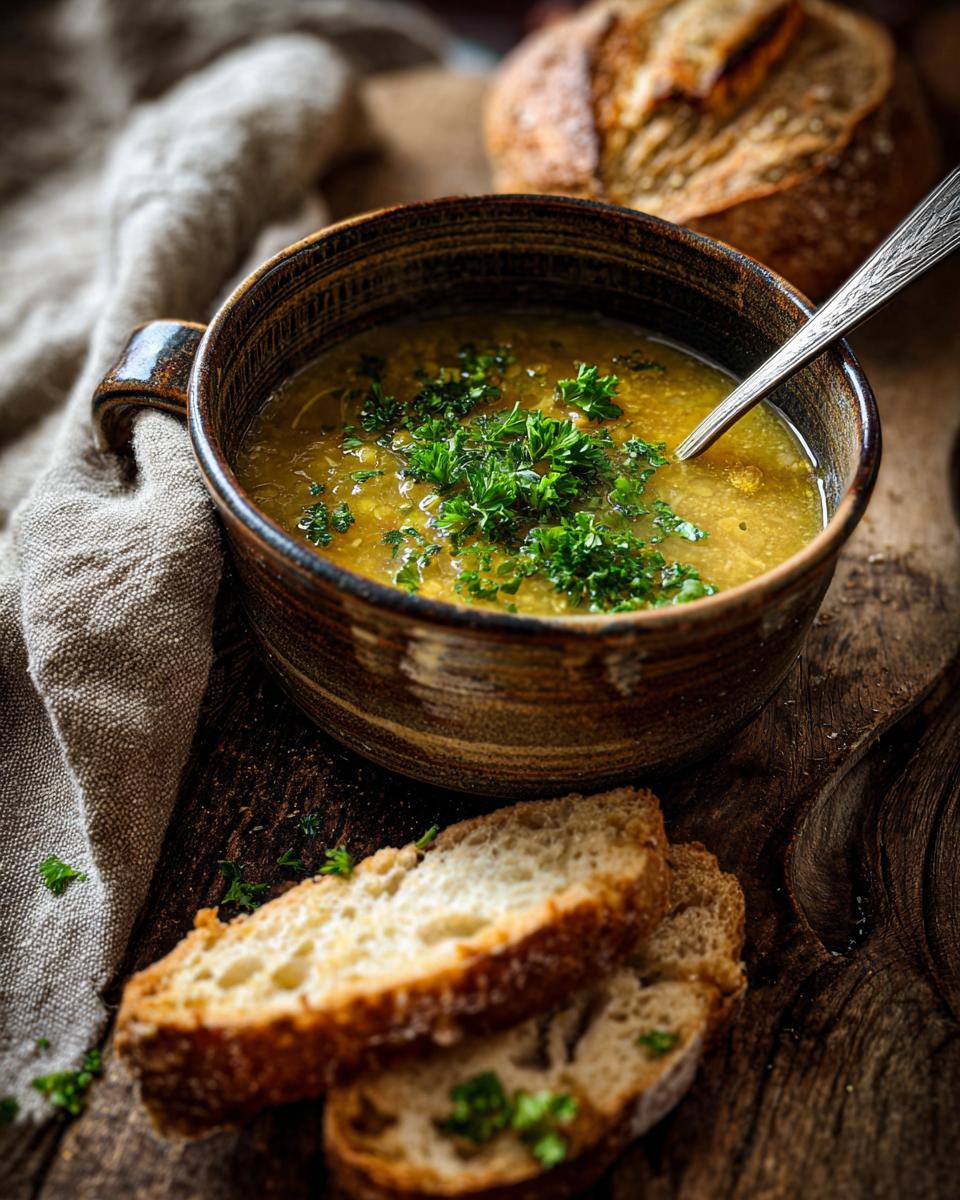 Bowl of Mediterranean Lemon Lentil Soup with fresh parsley and crusty bread.
