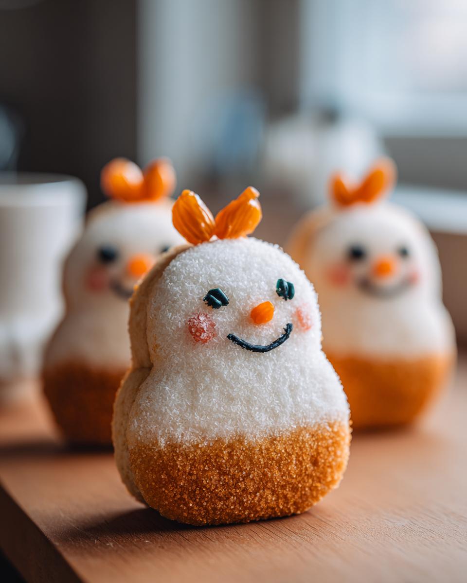 Close-up of a cute Melted Snowman Sugar Cookie, coated in white sugar with an orange nose and black smile.