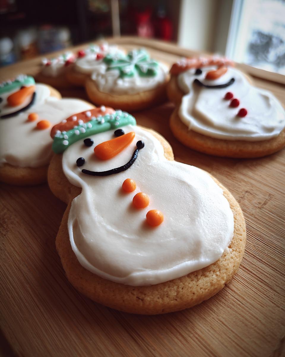 Close-up of adorable Melted Snowman Sugar Cookies decorated with white icing, orange noses, and sprinkles.