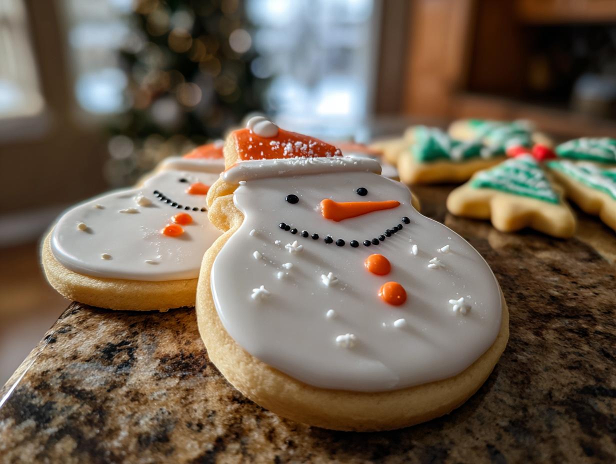 Close-up of decorated Melted Snowman Sugar Cookies with white icing, orange noses, and black bead eyes.