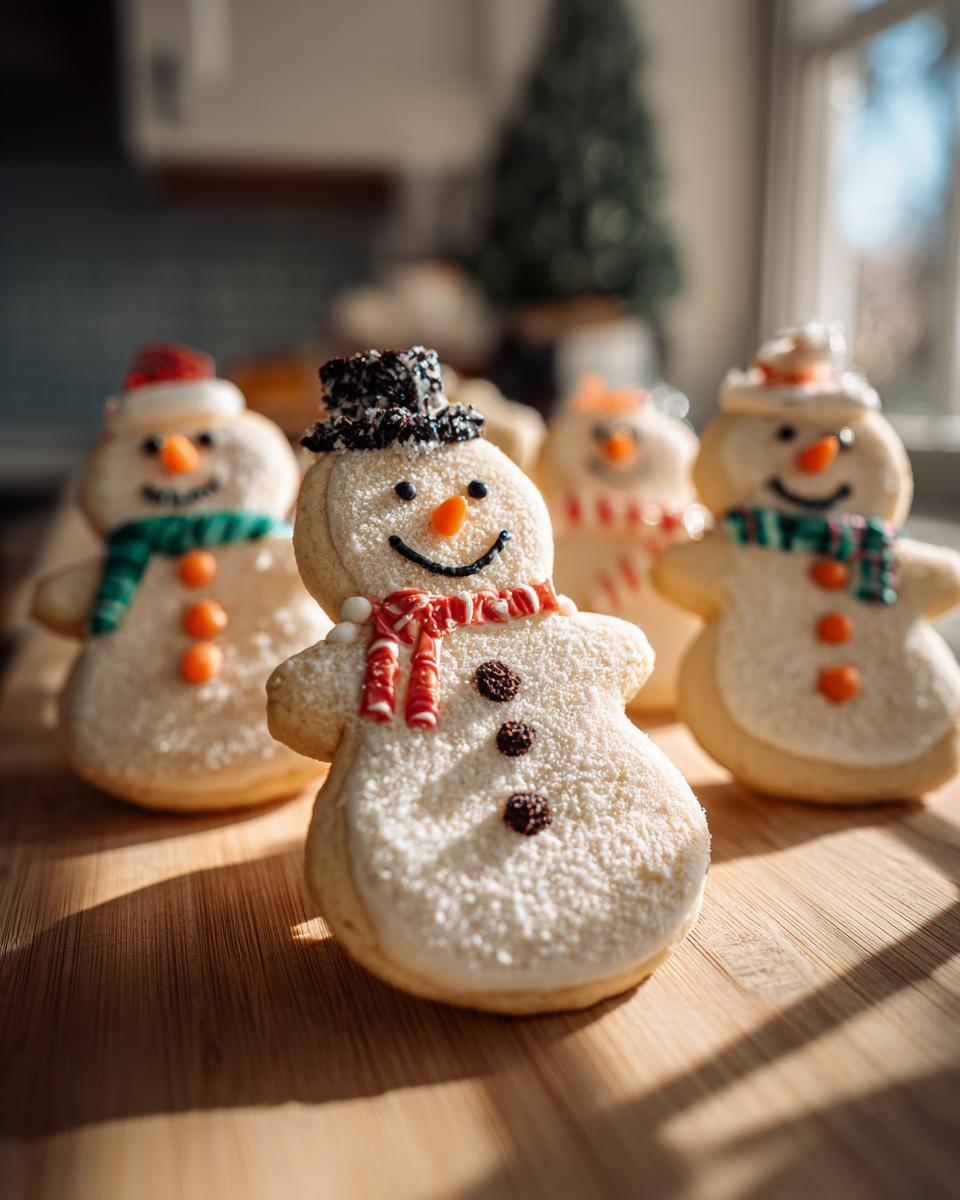 Close-up of adorable Melted Snowman Sugar Cookies decorated with frosting, candy, and sprinkles.