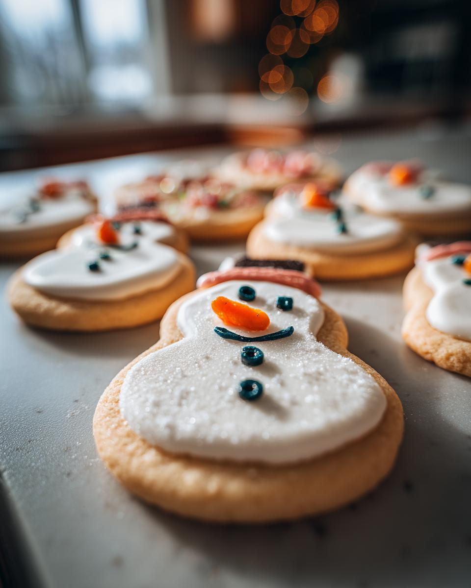 Close-up of a batch of adorable Melted Snowman Sugar Cookies, decorated with white icing, orange noses, and blue eyes.