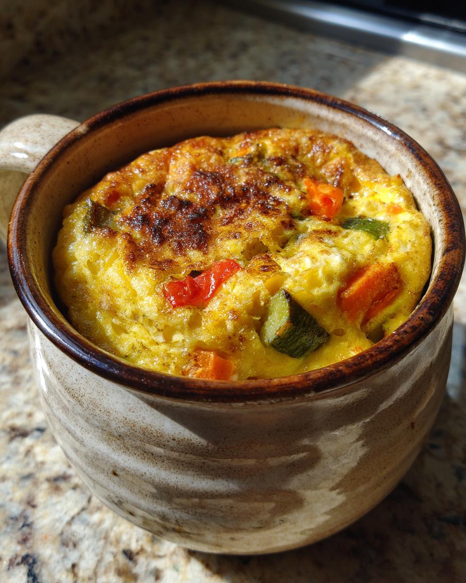 Close-up of a Microwave Mug Omelette with Veggies, cooked in a mug, with visible vegetables.