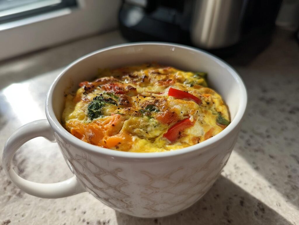 Close-up of a cooked Microwave Mug Omelette with Veggies in a white mug, ready to eat.