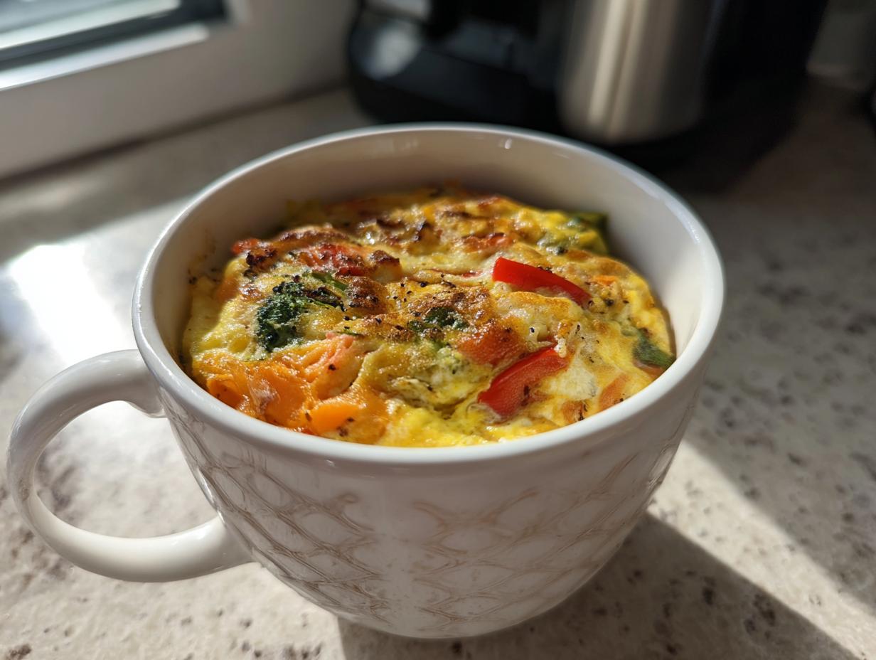 Close-up of a cooked Microwave Mug Omelette with Veggies in a white mug, ready to eat.
