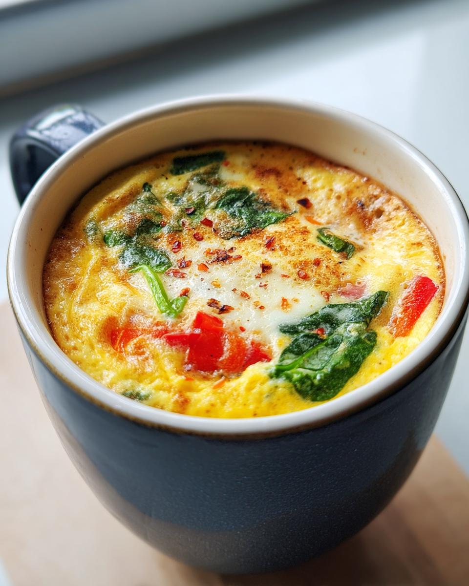 Close-up of a Microwave Mug Omelette with Veggies, including spinach and red peppers, cooked in a mug.
