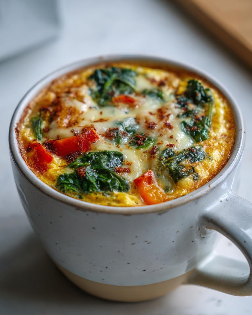 Close-up of a Microwave Mug Omelette with Veggies, including spinach and red peppers.