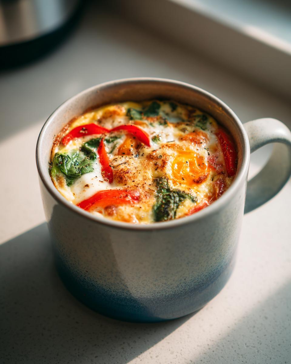Close-up of a Microwave Mug Omelette with Veggies, including red peppers and spinach.