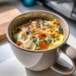 Close-up of a Microwave Mug Omelette with Veggies, cooked in a mug, with cheese and vegetables.