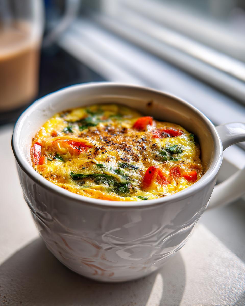 Close-up of a Microwave Mug Omelette with Veggies in a white mug, ready to eat.