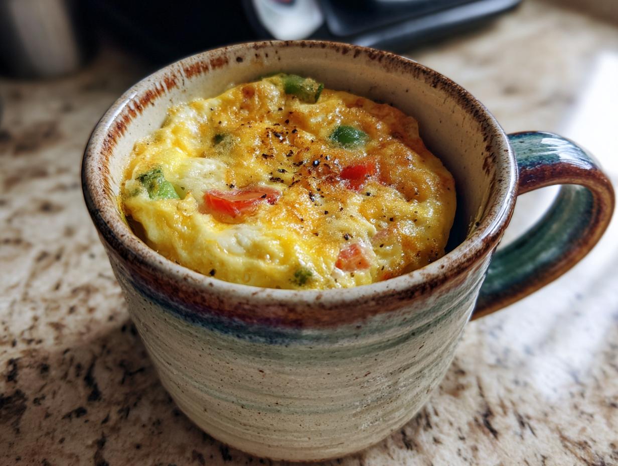 Close-up of a Microwave Mug Omelette with Veggies in a ceramic mug, ready to eat.