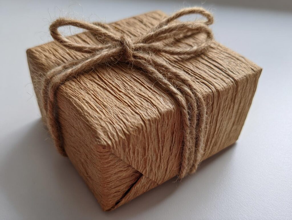 A small square gift box wrapped in textured kraft paper and tied with twine.