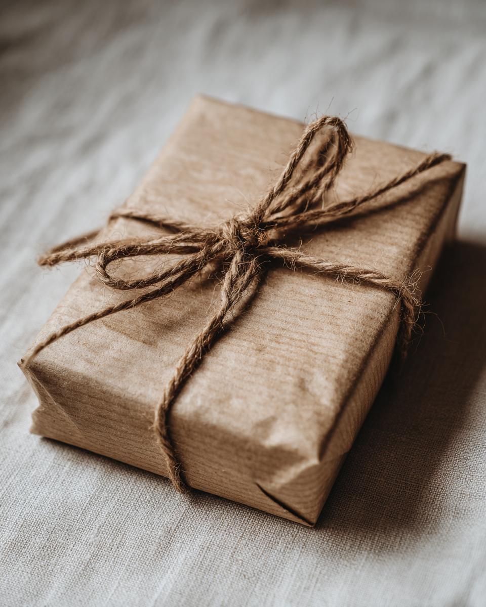 A rectangular gift box wrapped in brown kraft paper and tied with rustic twine, showcasing minimalist gift wrapping.