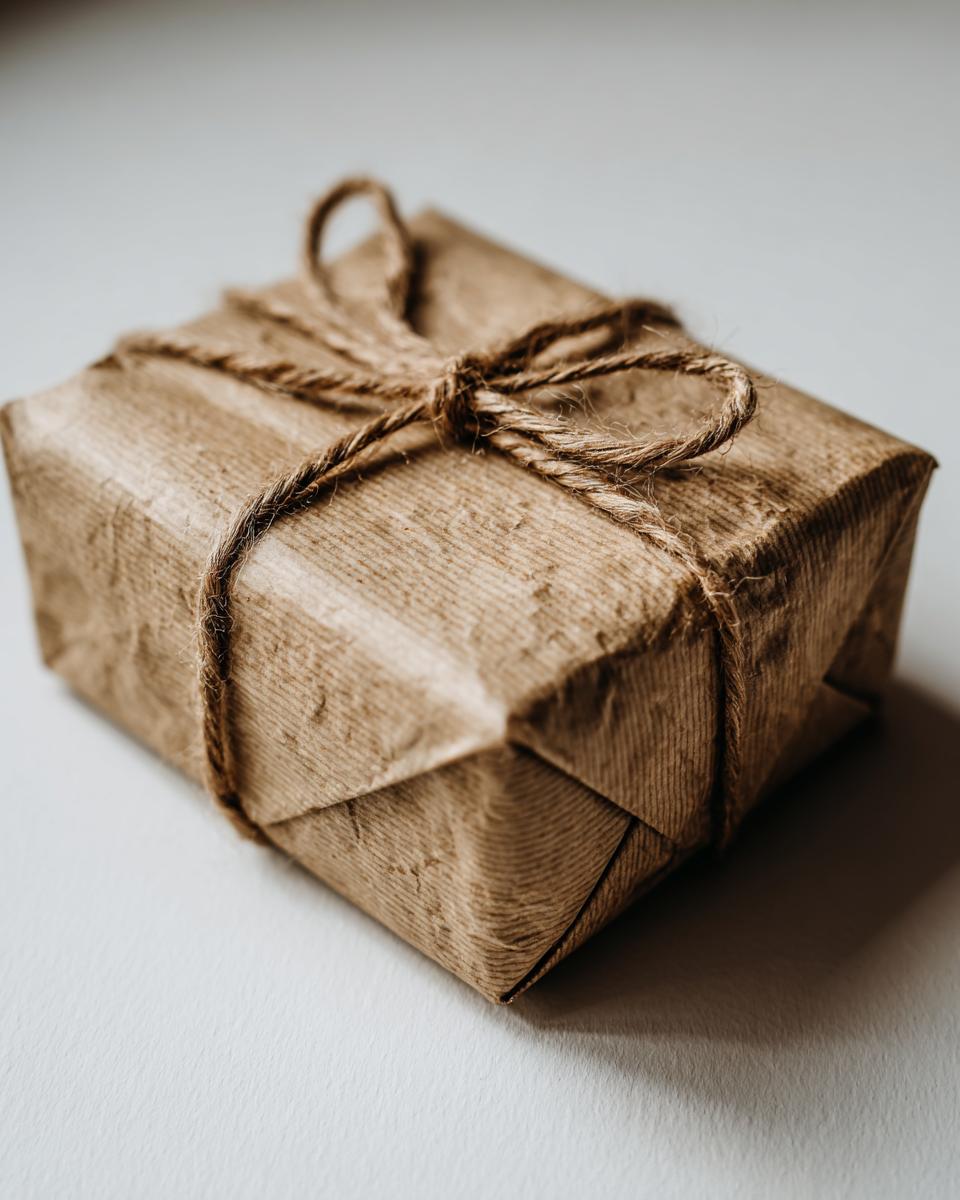 A small gift box wrapped in brown kraft paper and tied with natural twine, showcasing minimalist gift wrapping.