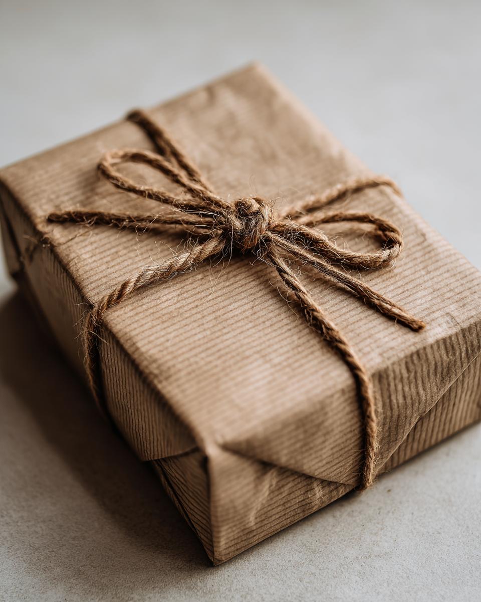 A rectangular gift box wrapped in brown kraft paper and tied with rustic twine in a simple bow.