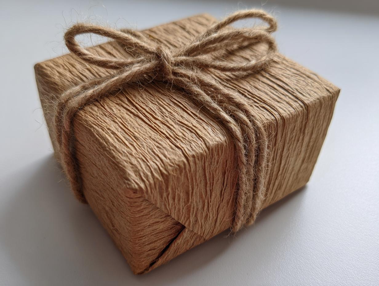 A small square gift box wrapped in textured kraft paper and tied with twine.