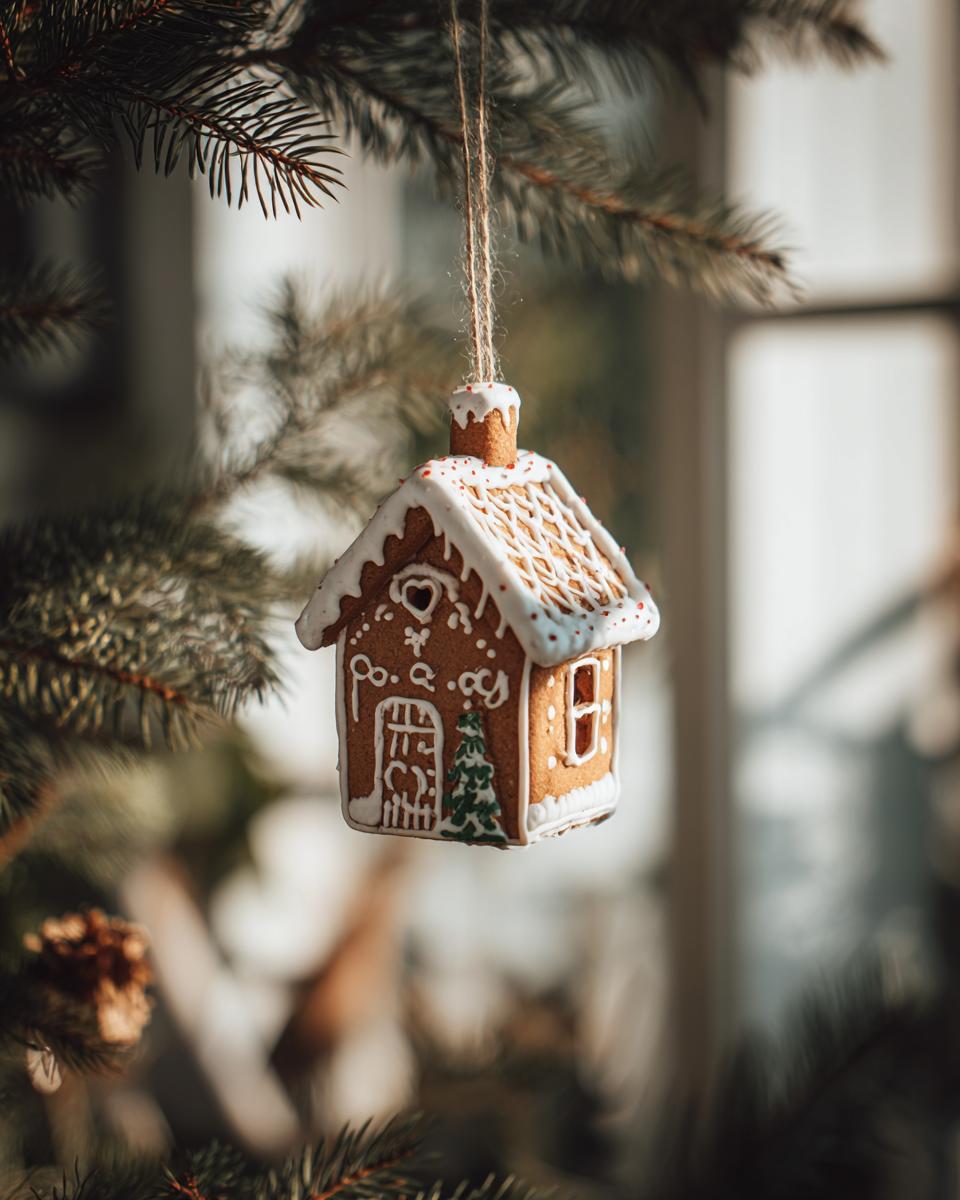 A small, decorated gingerbread house ornament hangs on a pine branch as part of a minimalist holiday home tour.