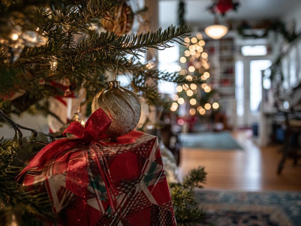 Close-up of a decorated Christmas tree branch with a gift and ornament, featuring a blurred background of a minimalist holiday home tour.