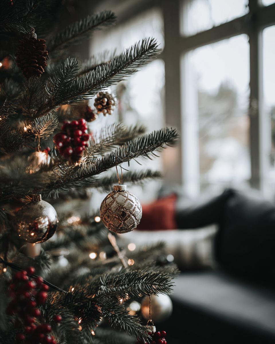 Close-up of a decorated Christmas tree with ornaments, pinecones, and fairy lights, part of a Minimalist Holiday Home Tour.