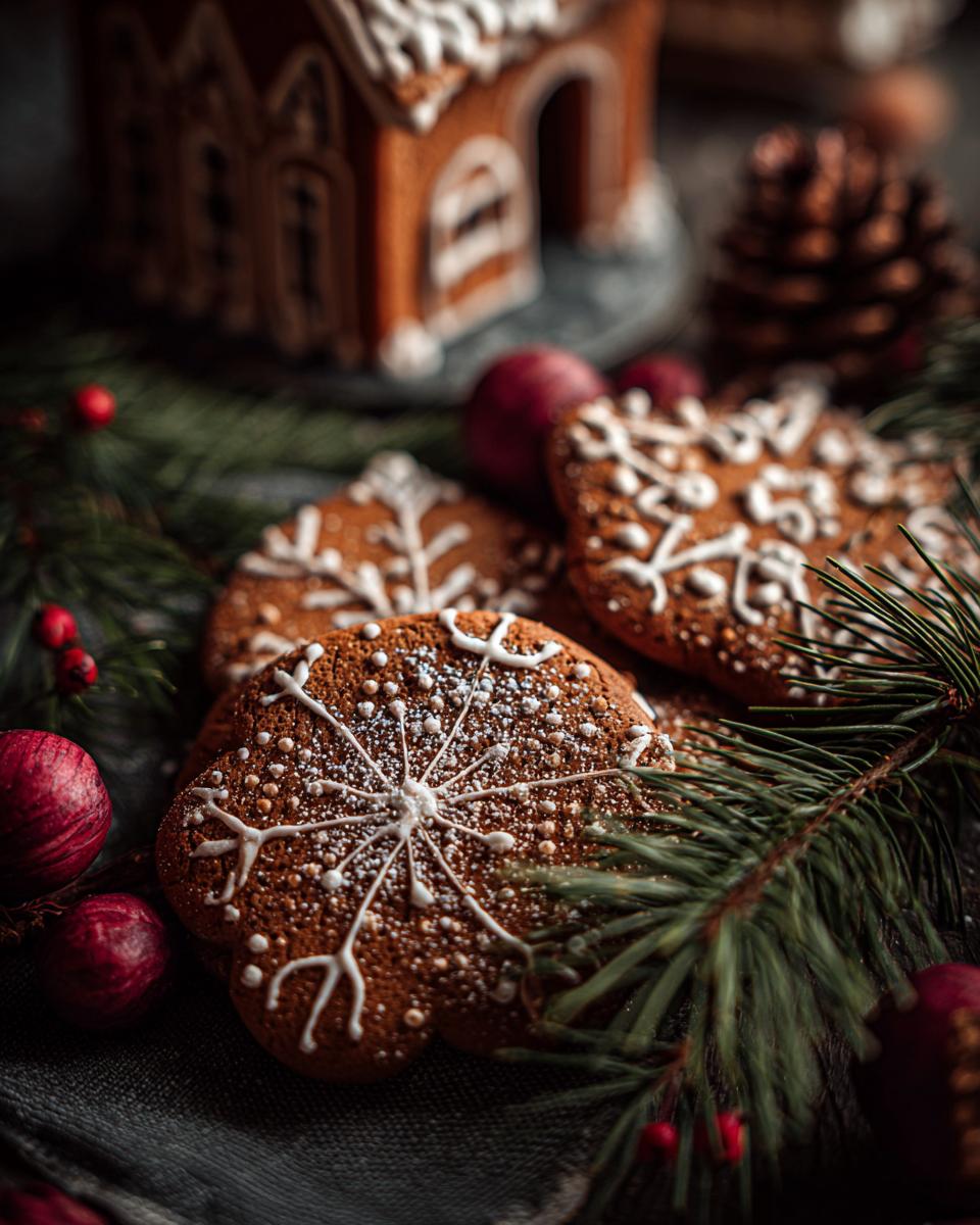 Close-up of snowflake-decorated gingerbread cookies with pine needles and red berries, part of a Minimalist Holiday Home Tour.