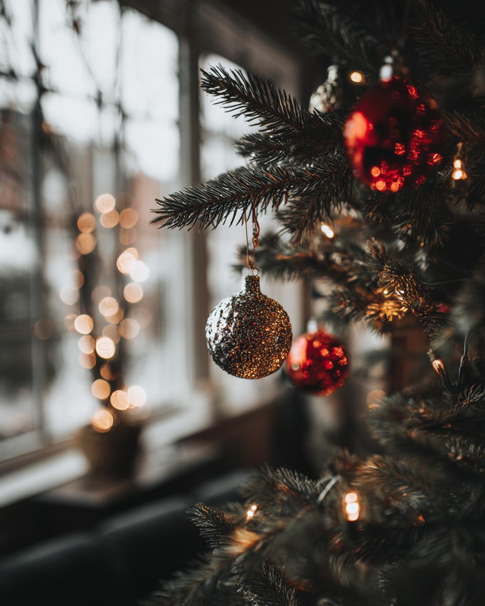 Close-up of a glittery ornament hanging on a minimalist holiday tree, with soft bokeh lights in the background.