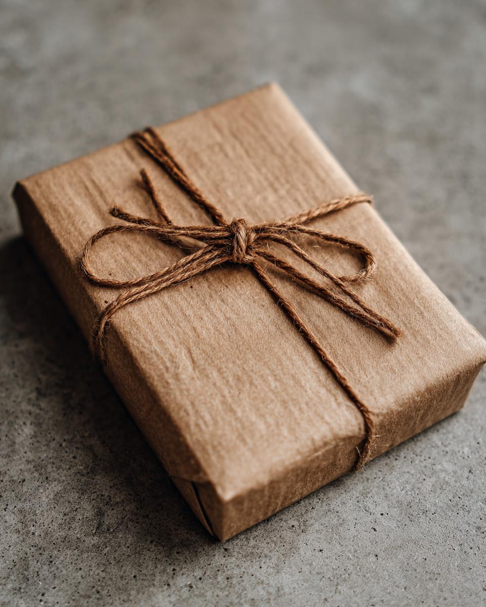 A rectangular gift box wrapped in minimalist kraft paper and tied with natural twine.