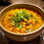 Close-up of a bowl of delicious Moroccan Chickpea Soup, garnished with fresh cilantro.