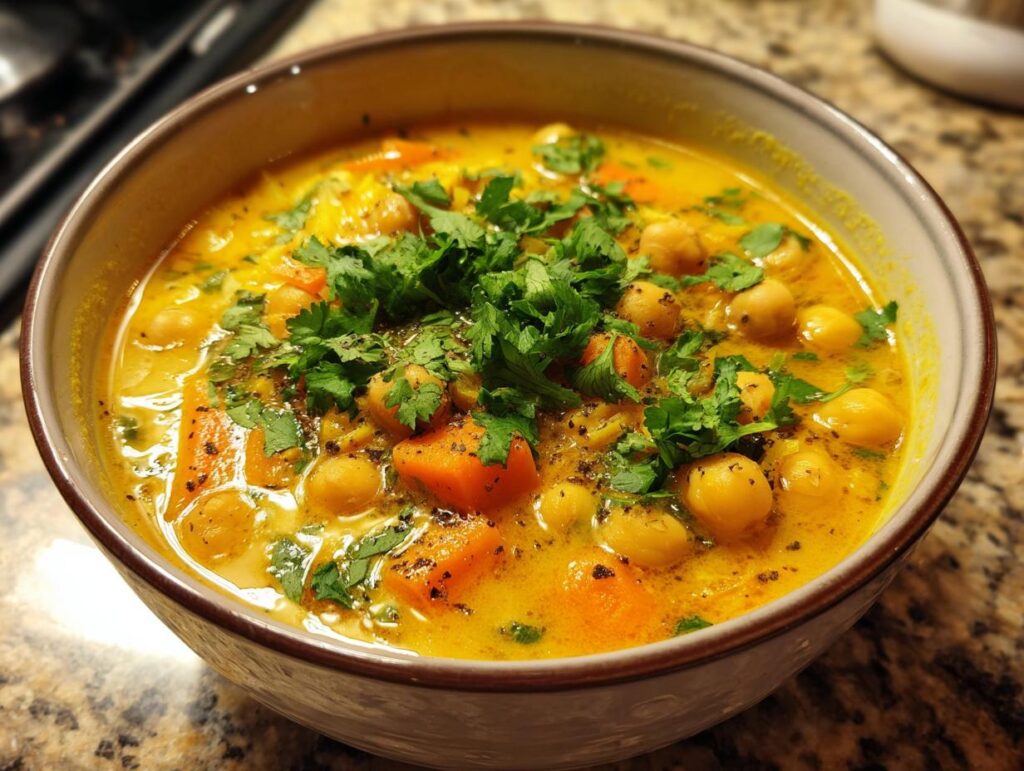 Close-up of a bowl of Moroccan Chickpea Soup with chickpeas, carrots, and fresh herbs.