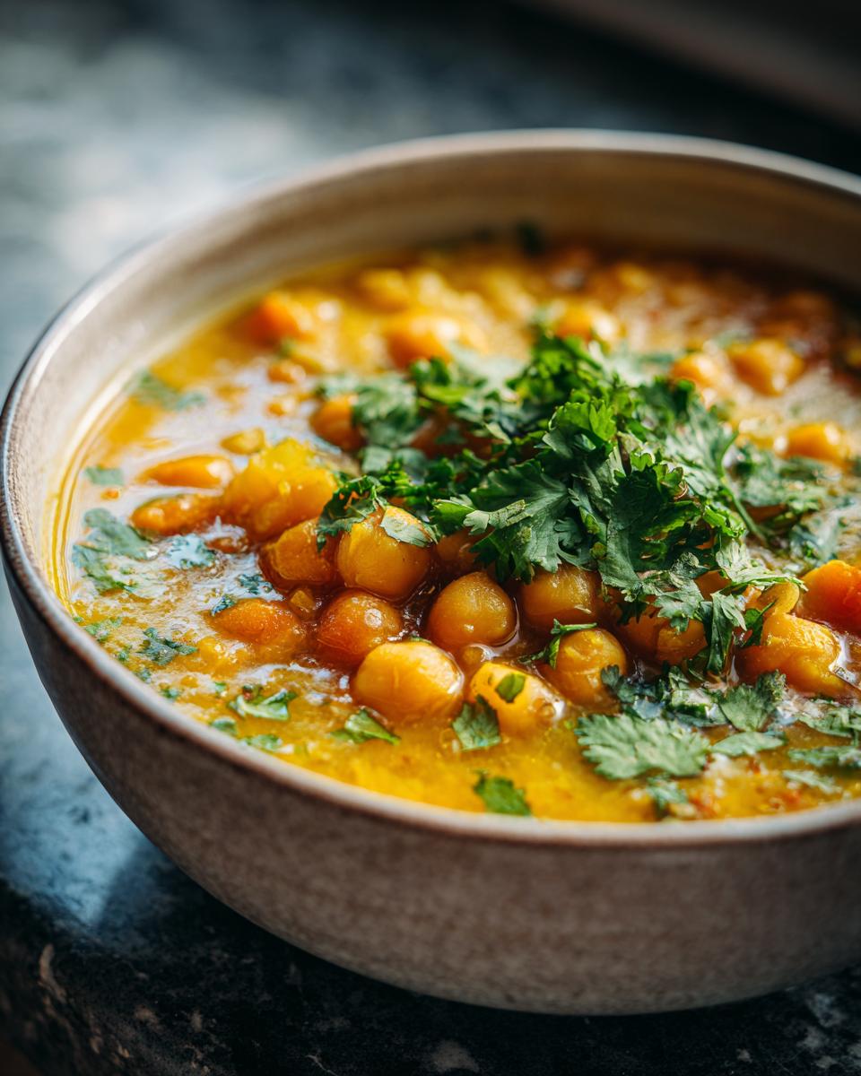 Close-up of a bowl of delicious Moroccan Chickpea Soup, garnished with fresh herbs.