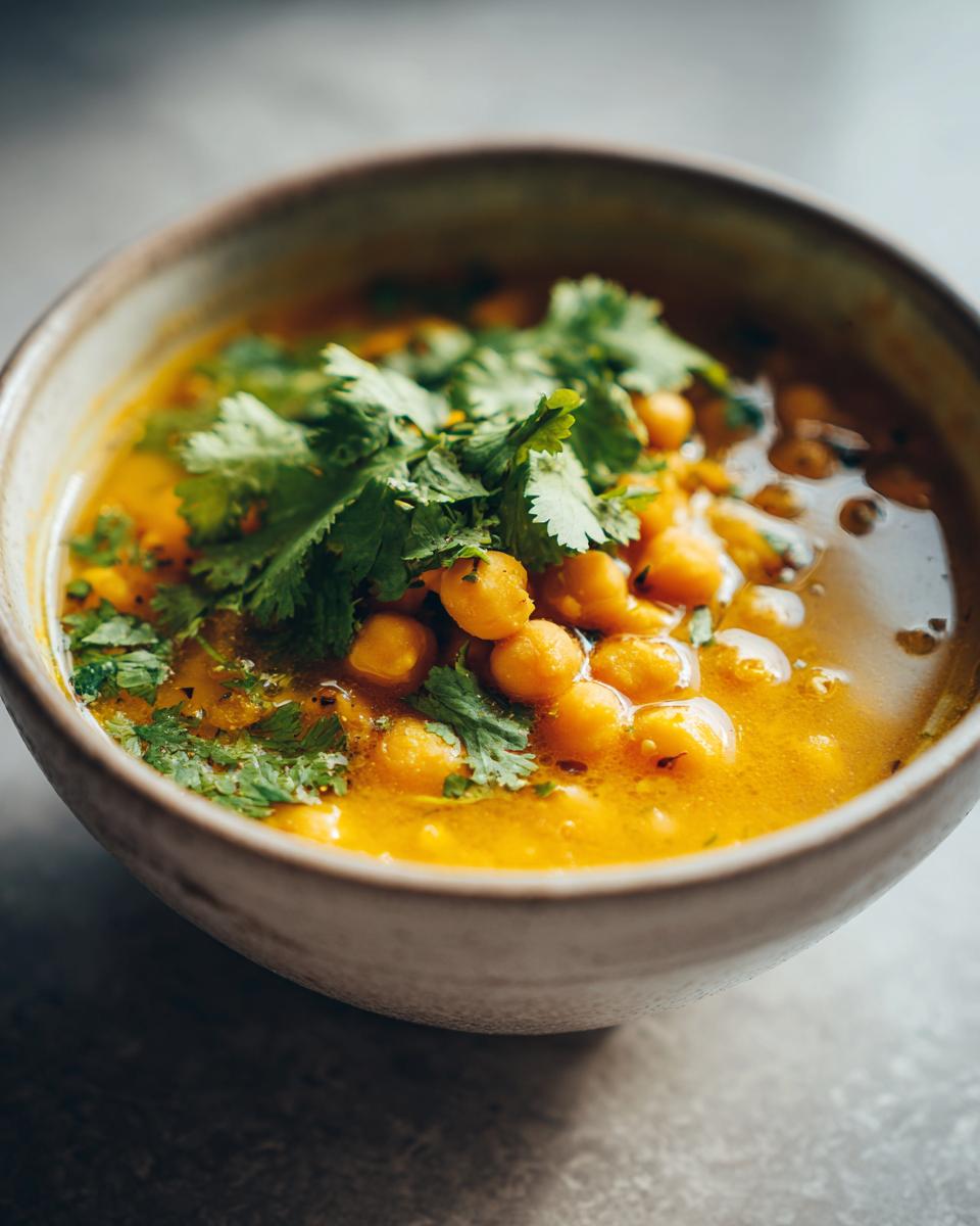 Close-up of a bowl of Moroccan Chickpea Soup, garnished with fresh cilantro.