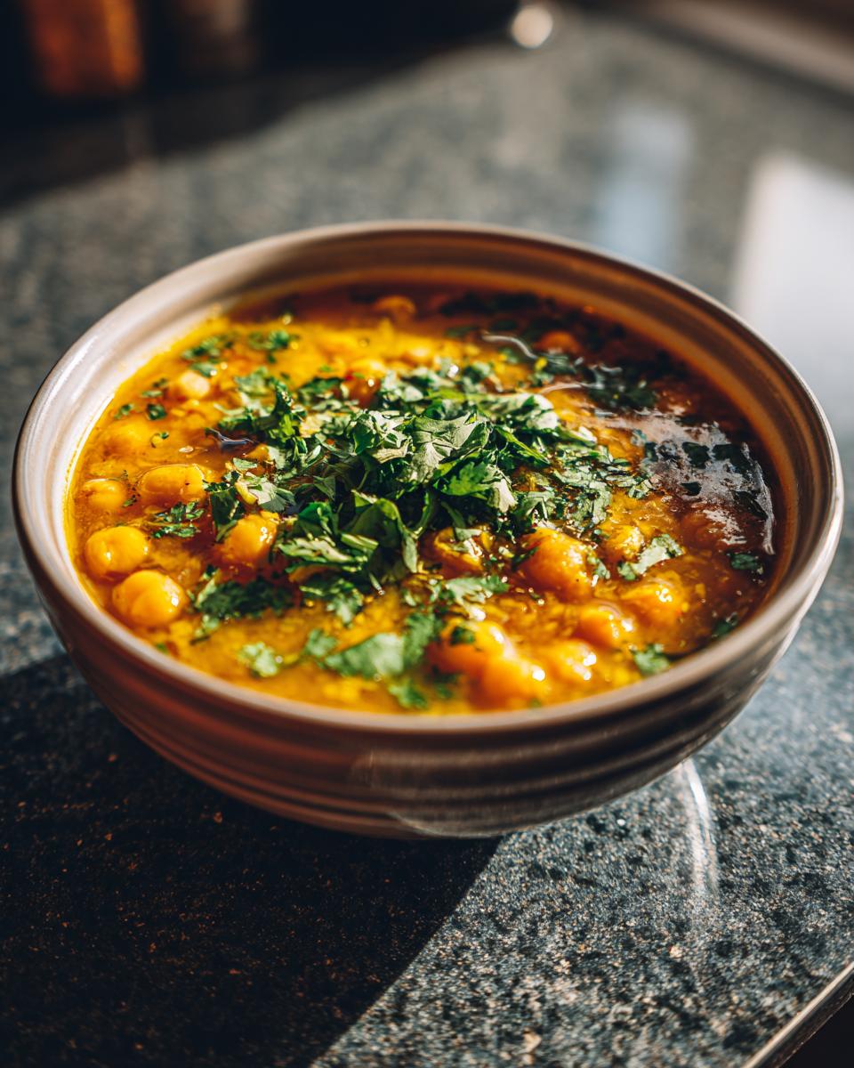 Close-up of a bowl of Moroccan Chickpea Soup, garnished with fresh herbs.