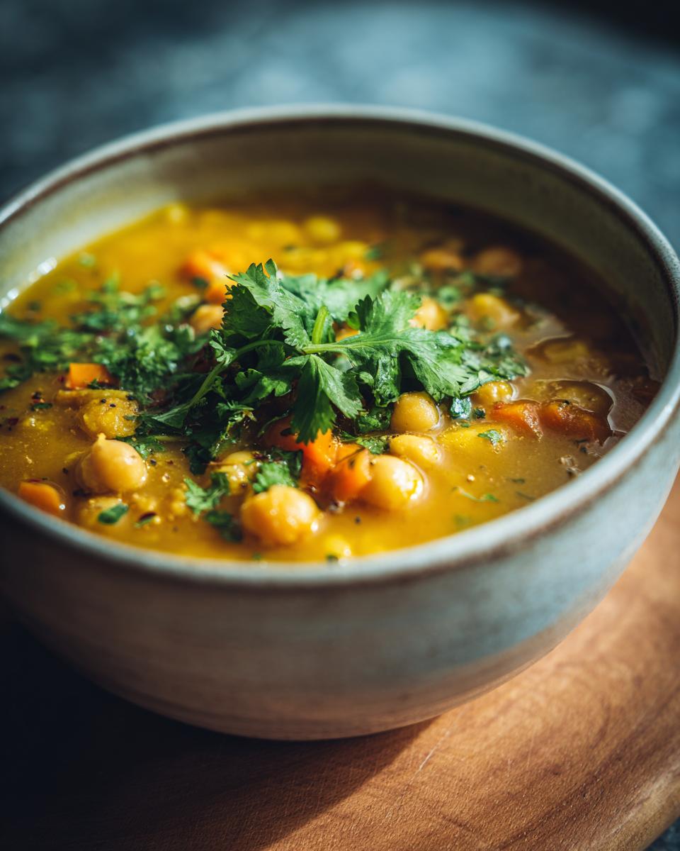 Close-up of a bowl of Moroccan Chickpea Soup, garnished with fresh herbs.