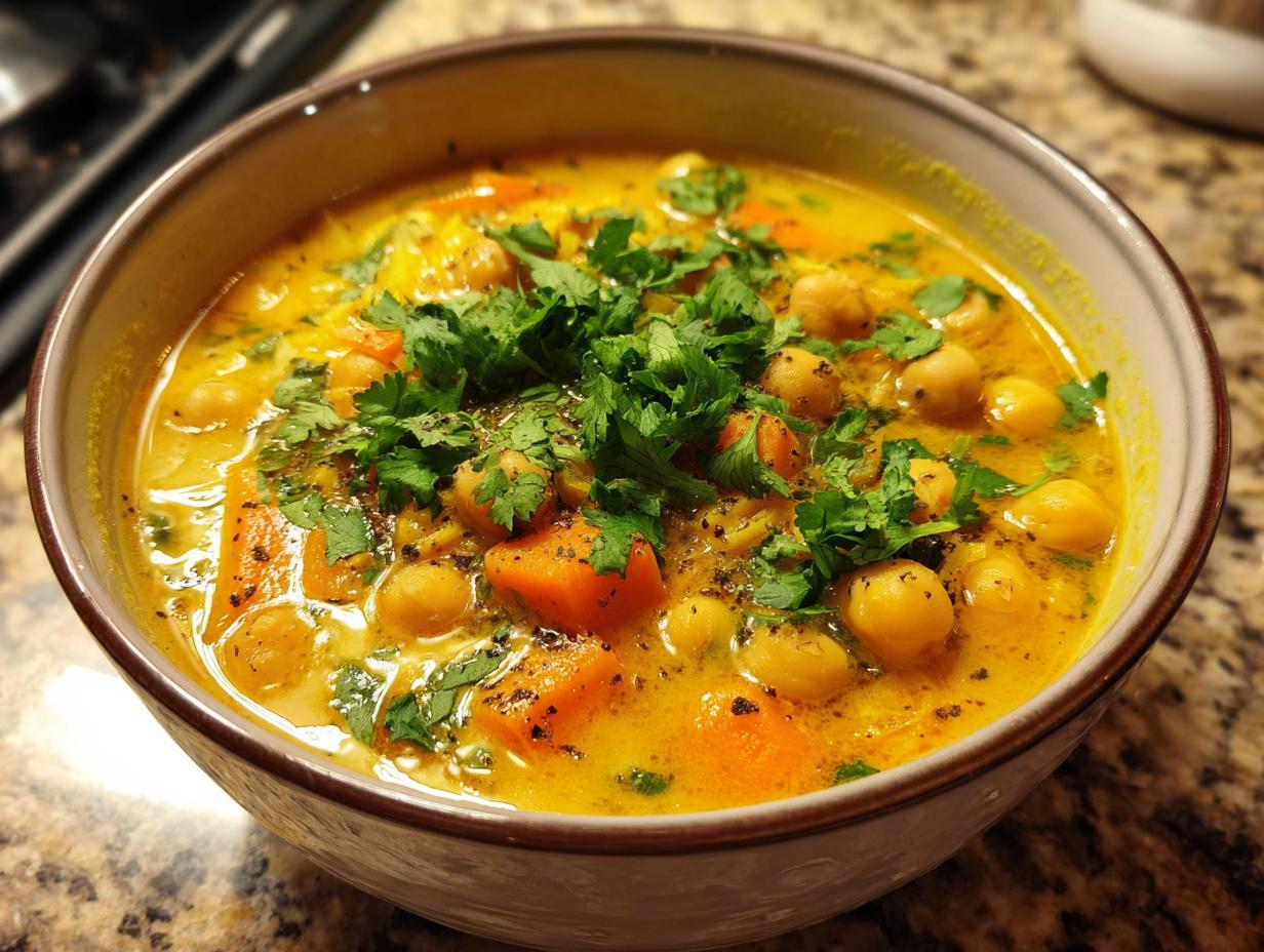 Close-up of a bowl of Moroccan Chickpea Soup with chickpeas, carrots, and fresh herbs.