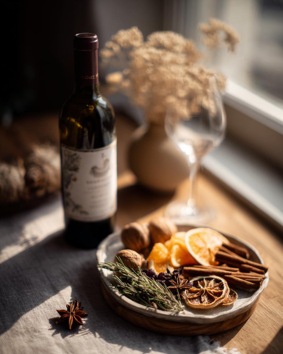 A bottle of wine with a plate of mulled wine spices including cinnamon sticks, star anise, dried oranges, and rosemary, perfect for 10 last-minute Christmas gift ideas.